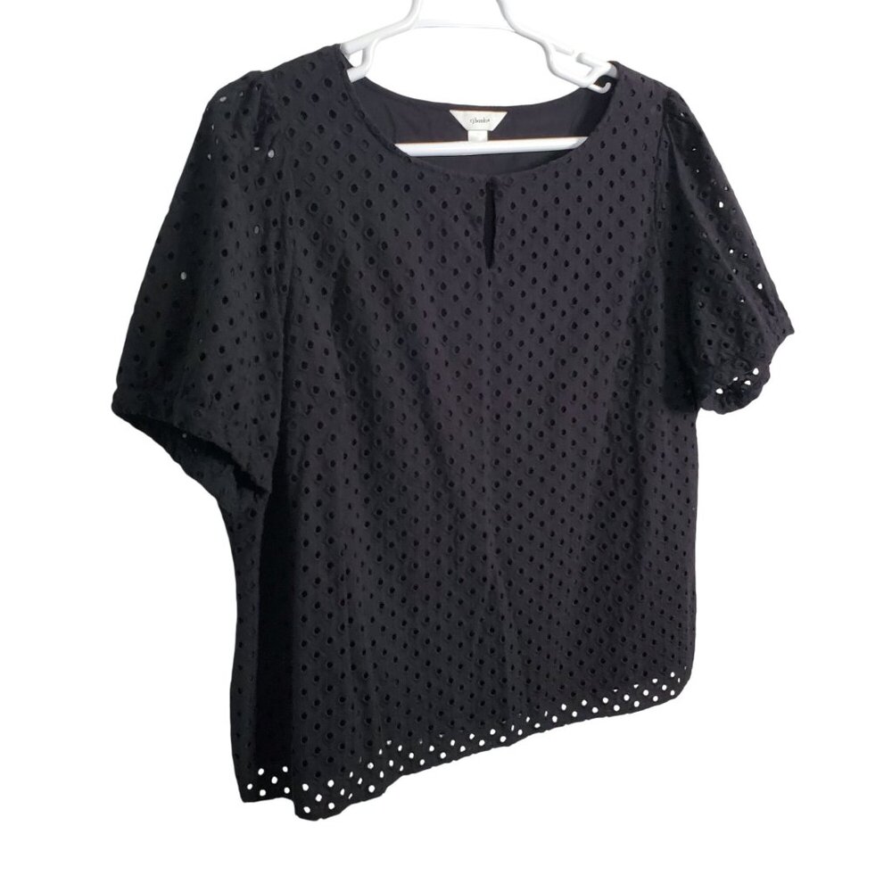 CJ Banks Size 3X Top Blouse Eyelet Keyhole Scoop Neck Puff Sleeve Lined